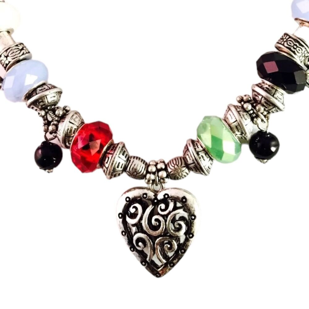 New Charm Necklace heart Pendant Faceted Glass Antiqued Silver Tone - 6Z